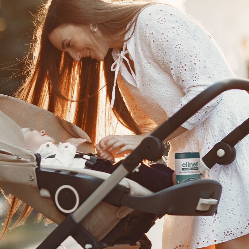 Biodegradable hand and surface wipes in a pushchair