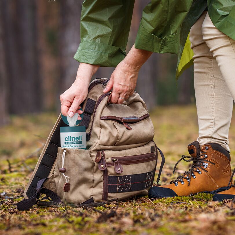 Biodegradable hand and surface wipes in a backpack